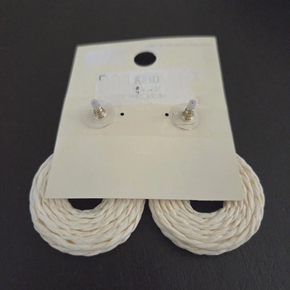 A New Day Cream Woven Straw Hoop Earrings White Resin Stud Nickel‎ Free NEW